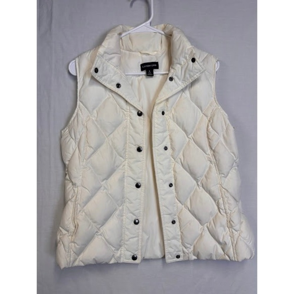 Lands End Womens Cream Diamond Quilted Down Puffer Vest Small 6-8 White Snap